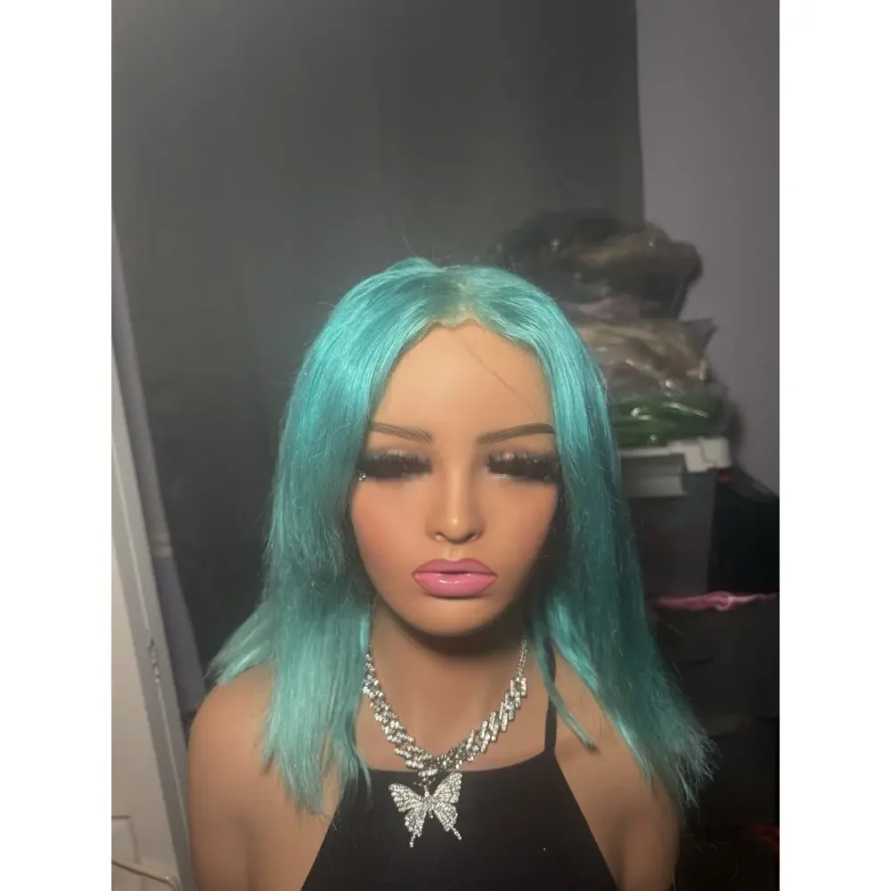 Human Hair Wig 13x4 Lace Front Aqua Blue Bob